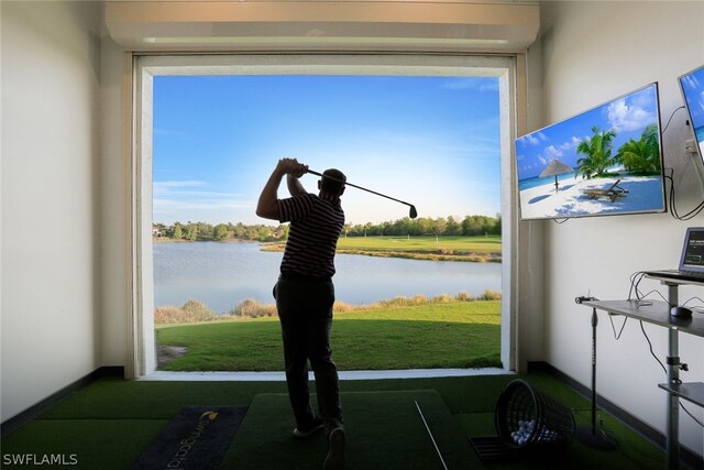 entryway with golf simulator