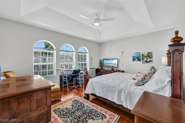 bedroom featuring a raised ceiling, ceiling fan, and wood-type flooring