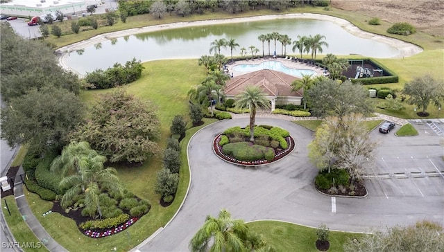 aerial view featuring a water view