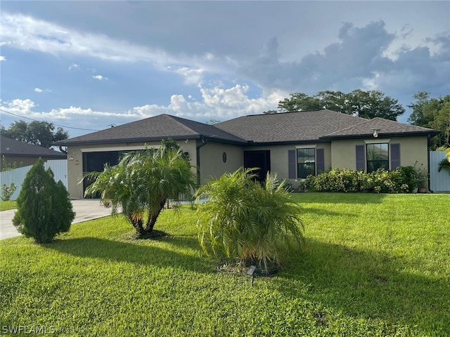 single story home featuring a garage and a front lawn