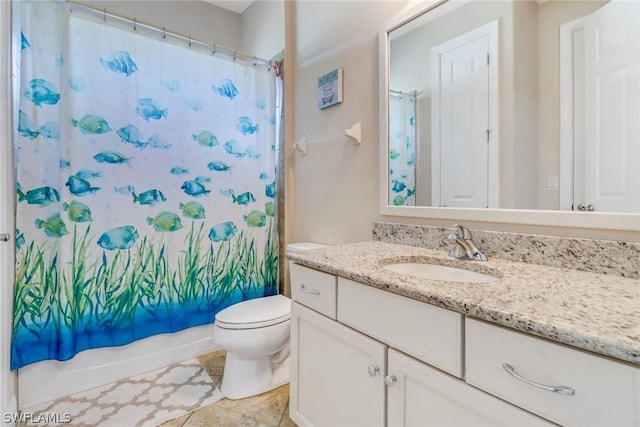 full bathroom with toilet, shower / tub combo, and vanity