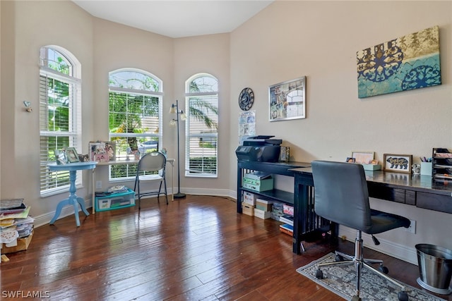 office area with dark wood-type flooring and plenty of natural light