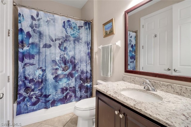 full bathroom featuring toilet, tile patterned flooring, shower / bathtub combination with curtain, and vanity