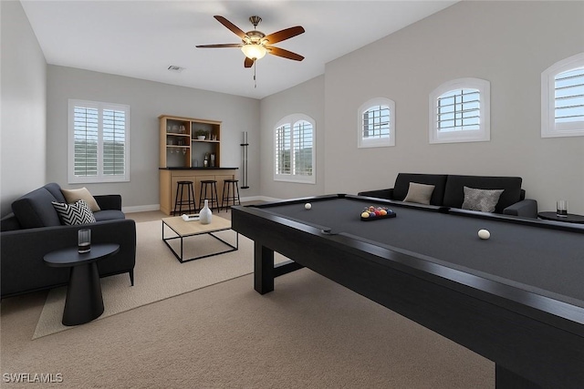 7787 Martino Cir, Naples, FL 34112 - game room featuring plenty of natural light, a ceiling fan, light carpet, and billiards