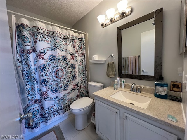 bathroom with a shower with shower curtain, vanity, toilet, and a textured ceiling