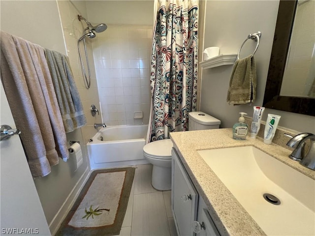 full bath with toilet, shower / bath combo with shower curtain, and vanity
