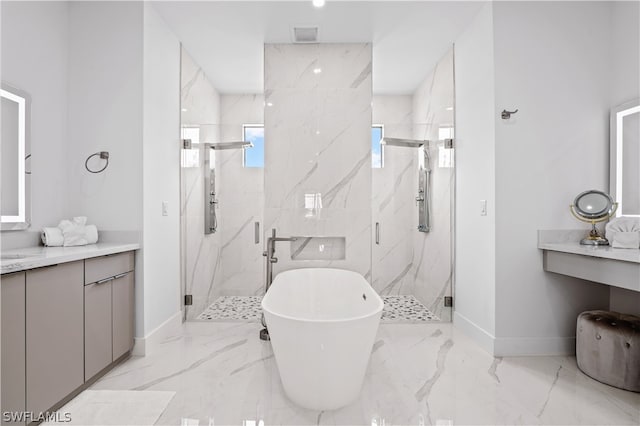 bathroom featuring vanity and plus walk in shower