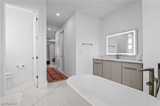 bathroom featuring vanity, toilet, and a bathing tub