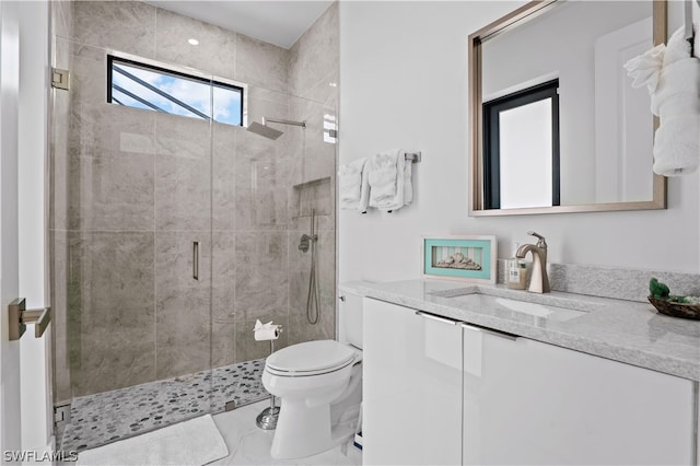 bathroom featuring vanity, toilet, and a shower with shower door