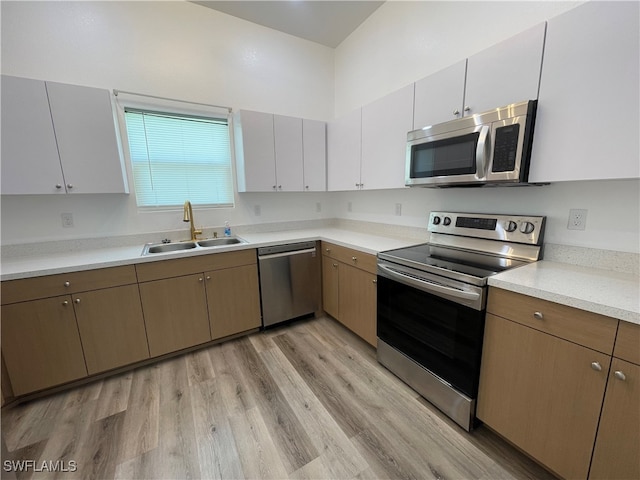 kitchen featuring light hardwood / wood-style floors, stainless steel appliances, sink, and white cabinetry