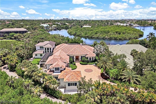 birds eye view of property with a water view