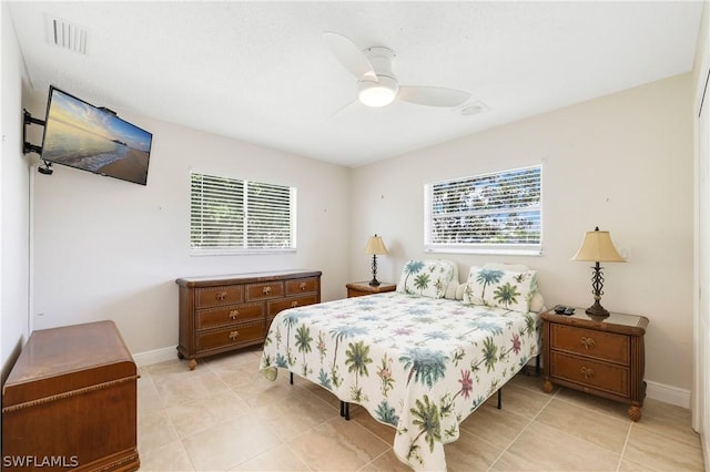 bedroom with multiple windows, visible vents, and baseboards