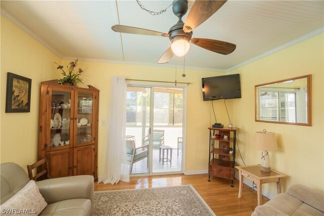 living area featuring ceiling fan, ornamental molding, and light wood-type flooring