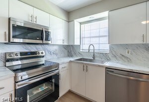 kitchen with sink, appliances with stainless steel finishes, tasteful backsplash, and white cabinetry