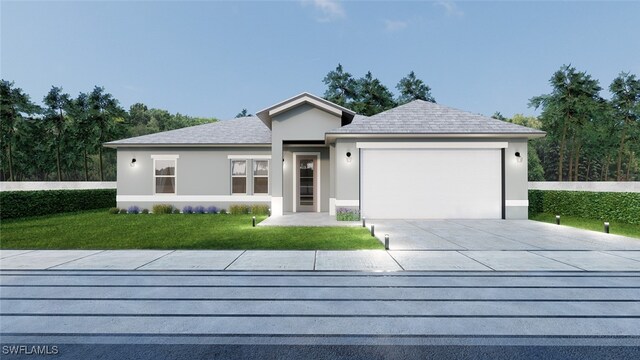 view of front of property with a garage and a front lawn