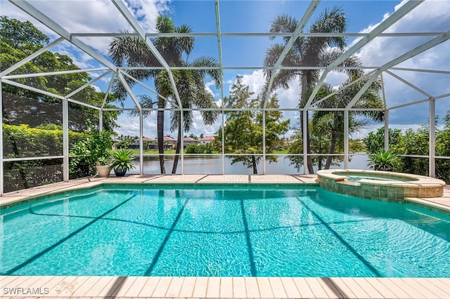 view of pool featuring glass enclosure