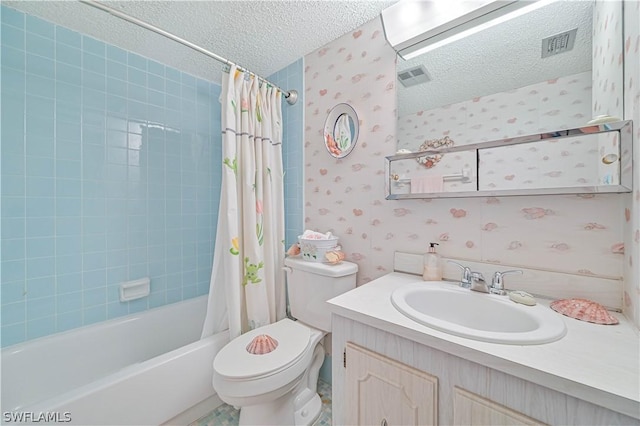 full bathroom featuring shower / bathtub combination with curtain, vanity, toilet, and a textured ceiling