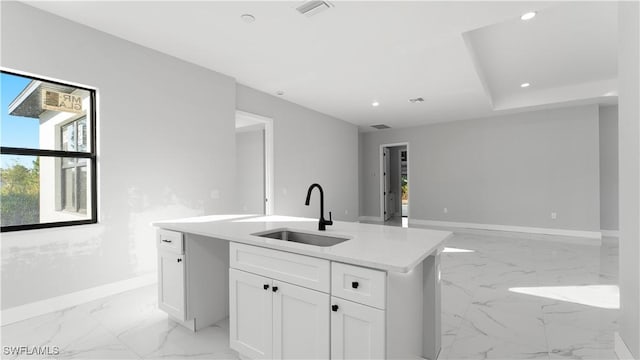 kitchen featuring white cabinets, sink, and an island with sink