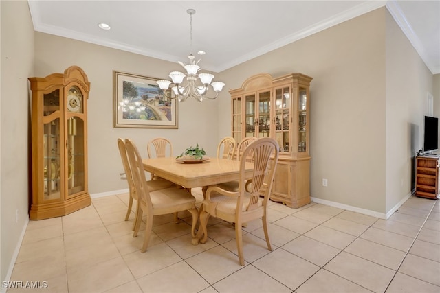 tiled dining space with a chandelier and ornamental molding