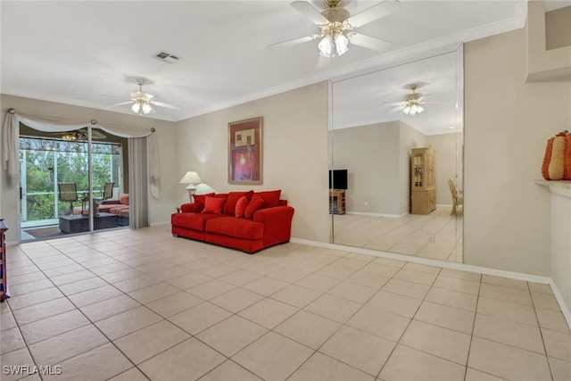 living room featuring light tile patterned flooring and ornamental molding