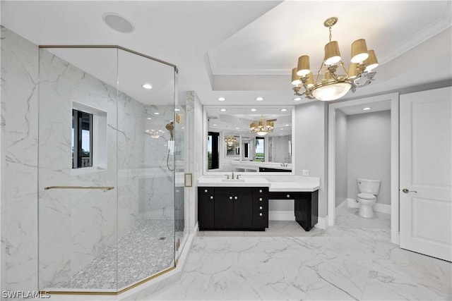 bathroom with a marble finish shower, toilet, crown molding, and a chandelier
