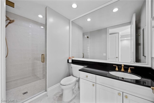 bathroom with recessed lighting, toilet, baseboards, marble finish floor, and a stall shower