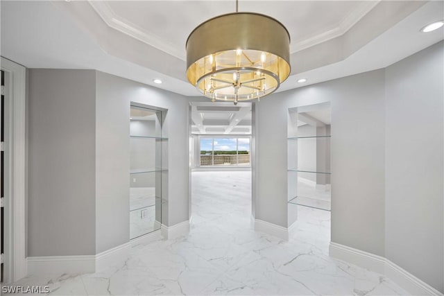 hall with baseboards, marble finish floor, an inviting chandelier, and recessed lighting