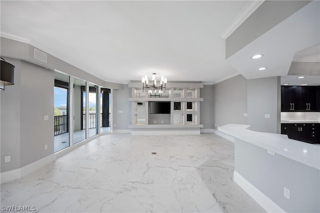 unfurnished living room with ornamental molding and a chandelier