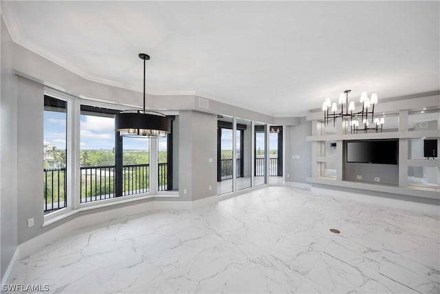 unfurnished living room featuring a notable chandelier and crown molding