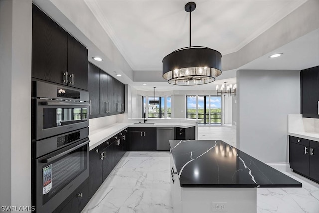 kitchen with crown molding, stainless steel dishwasher, marble finish floor, a peninsula, and dark cabinets