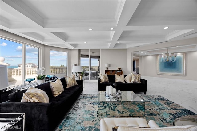 living room with beamed ceiling, crown molding, coffered ceiling, and an inviting chandelier