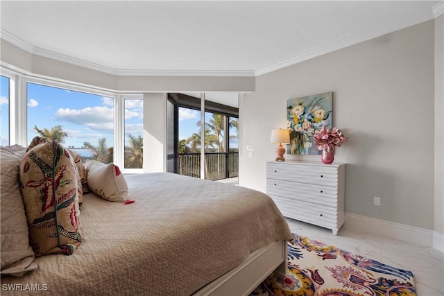 bedroom featuring access to exterior, multiple windows, and ornamental molding