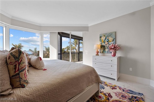 bedroom with baseboards, marble finish floor, access to outside, and crown molding