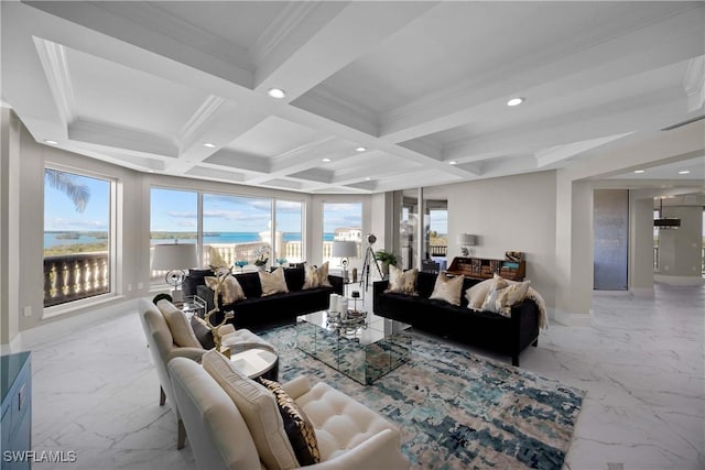 living room featuring beamed ceiling, ornamental molding, a wealth of natural light, and coffered ceiling