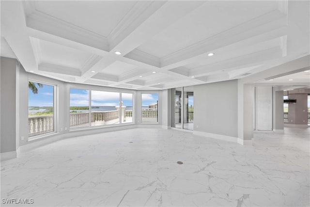 spare room with coffered ceiling, baseboards, beamed ceiling, ornamental molding, and recessed lighting