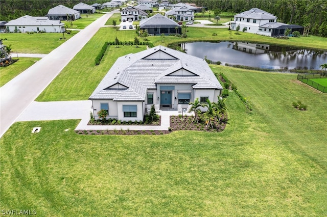 bird's eye view with a water view