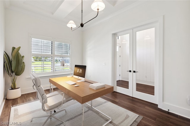 office area featuring french doors, crown molding, dark wood-type flooring, and beamed ceiling