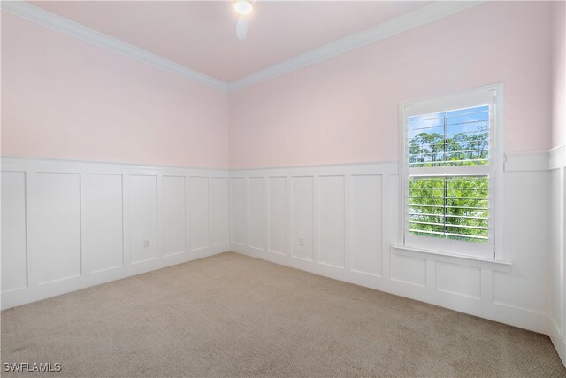 spare room featuring light colored carpet and ornamental molding