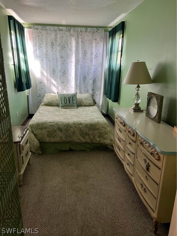 bedroom featuring multiple windows, light carpet, and a textured ceiling