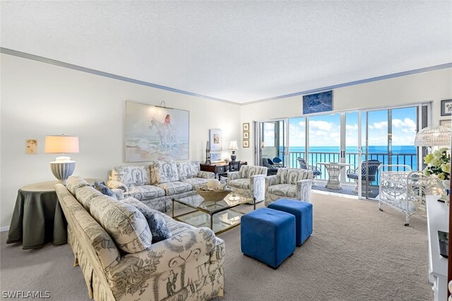 living room with a water view, plenty of natural light, and a textured ceiling