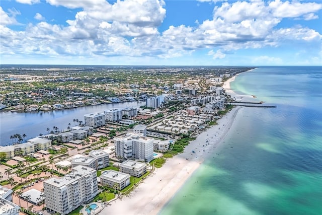 bird's eye view with a view of the beach and a water view