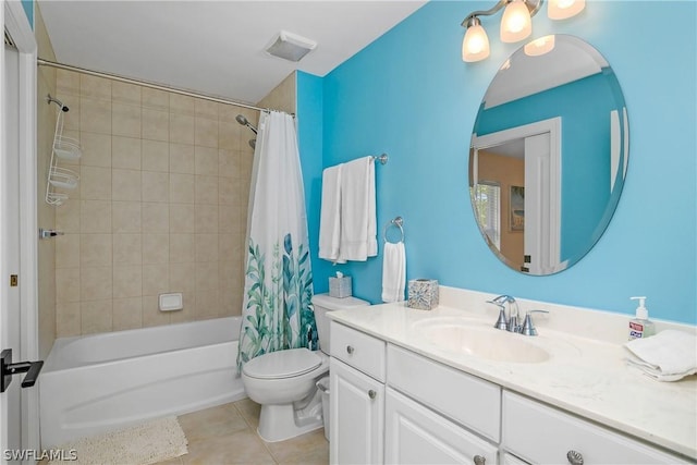 full bathroom with vanity, shower / bathtub combination with curtain, tile patterned flooring, and toilet