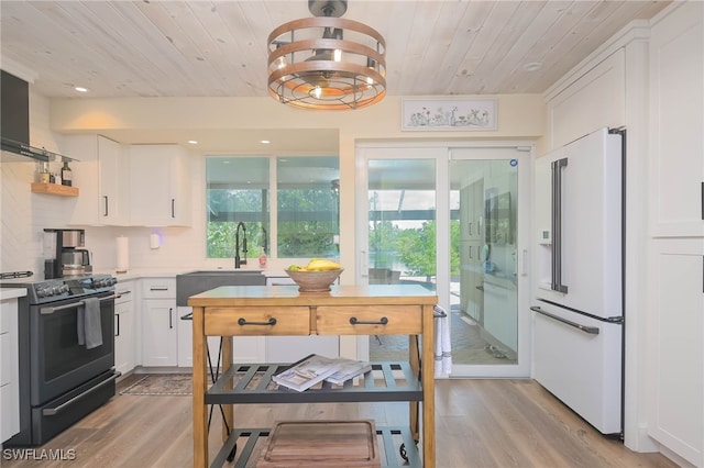 kitchen featuring white cabinets, high end white refrigerator, black range with electric stovetop, and wooden ceiling