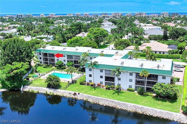 drone / aerial view with a water view