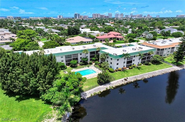 drone / aerial view with a water view