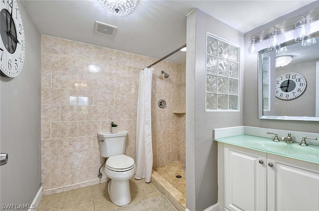 bathroom featuring tile patterned floors, toilet, tile walls, vanity, and a shower with shower curtain