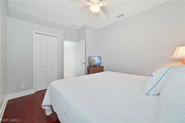 bedroom with dark hardwood / wood-style flooring, a closet, and ceiling fan