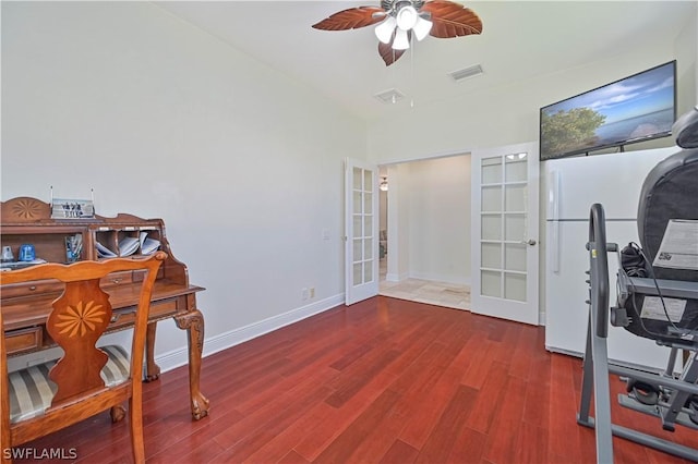 office area with hardwood / wood-style floors, french doors, and ceiling fan