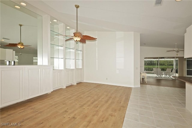 unfurnished dining area featuring a ceiling fan, recessed lighting, visible vents, and light wood-style flooring