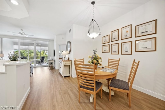 dining space featuring ceiling fan and light wood-type flooring